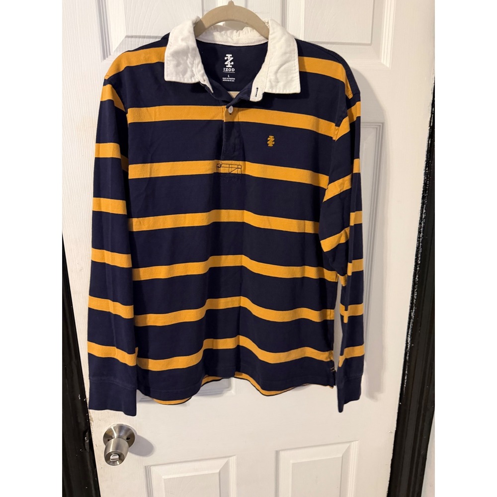 IZOD Mens Rugby Shirt Large Navy Blue Yellow Striped Long Sleeve Cotton Polo
